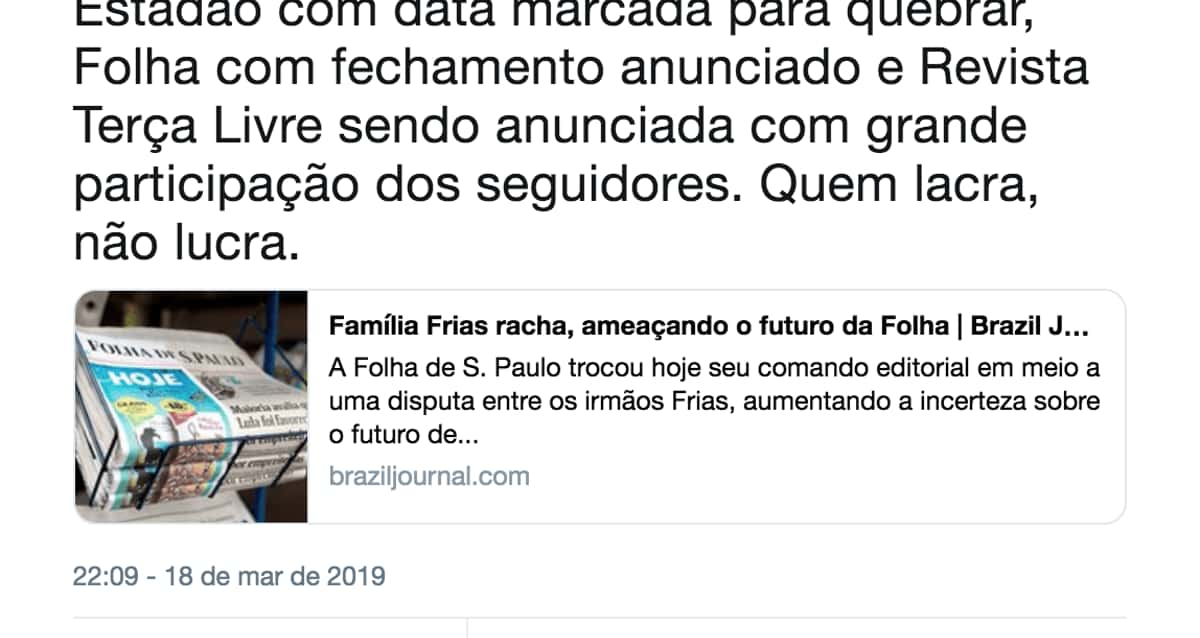 Site ligado a Bolsonaro anuncia fim do Estadão e da Folha