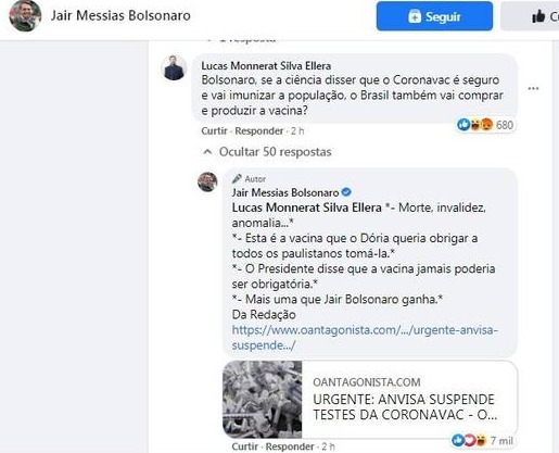 Bolsonaro Diz Que Ganhou De Doria Suspens O De Testes Da Coronavac