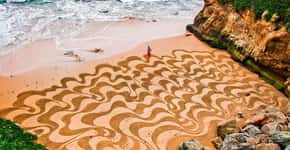 Artista usa praias como tela e cria desenhos na areia