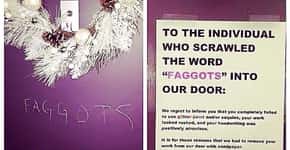 Após ter a porta de casa pichada, casal usa criatividade para responder ataque homofóbico