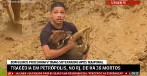 Repórter da GloboNews fica emocionado com resgate de cão em Petrópolis