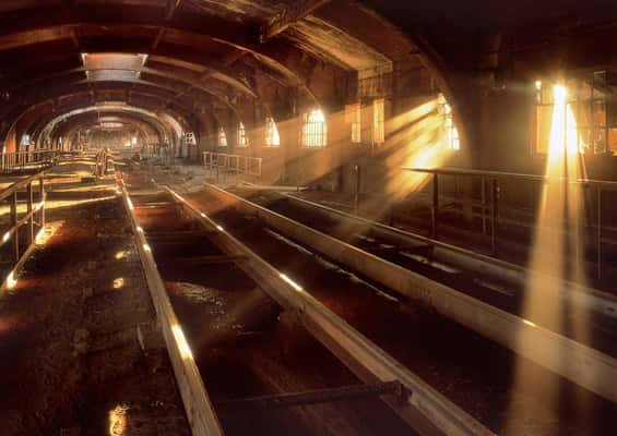 Luz da manhã brilhando nas decrépitas paredes do Arbed Steel Works. [Esch-sur-Alzette, Luxemburgo]