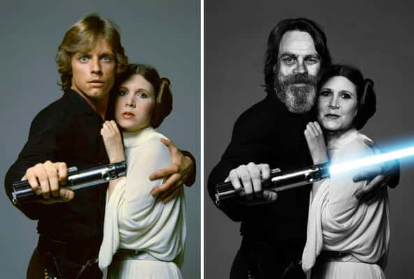 Mark Hamill e Carrie Fisher em 1977 e em 2015