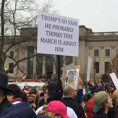 O cartaz foi inspirado na música You're so vain, de Carly Simon. Trump é tão vaidoso que deve achar que essa manifestação é por causa dele, diz o cartaz (Foto: Reprodução/ Instagram)