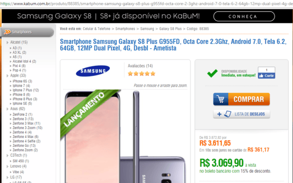 Smartphone Samsung Galaxy S8 : de R$ 3.872,82 por R$ 3.611,65 em 10x sem juros no cartão de R$ 361,17  
ou R$ 3.069,90 à vista no boleto bancário (15% de desconto) no Kbum