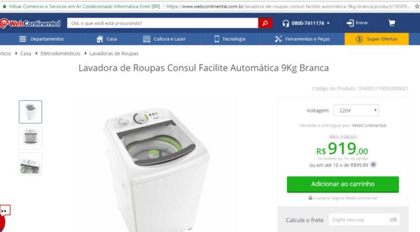 Lavadora de Roupas Consul Facilite Automática 9Kg: de R$1.198,69 por R$ 919, 00 no boleto ou 1x no cartão 
ou em até 10 x de R$99,89 no site WebContinental