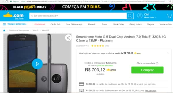 Smartphone Motorola Moto G5- 32GB: R$ 703,12 no boleto ou R$ 799,00 no cartão de crédito em até 10x de R$ 79,90 s/ juros no Submarino