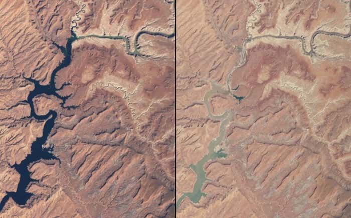 Em Utah, o Lake Powell está bem diferente hoje de como era em 1999 - perdeu 42% do fluxo.