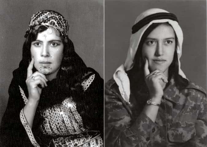 Fatima Hammdo em trajes tradicionais e em trajes militares, nos anos 1970 - Diab Alkarssifi