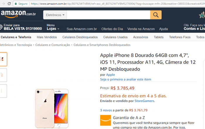 Apple iPhone 8: R$ 3.785,49 na Amazon