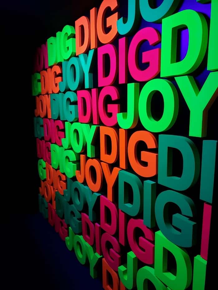 parede com as palavras dig joy coloridas na mostra sandy e junior experience