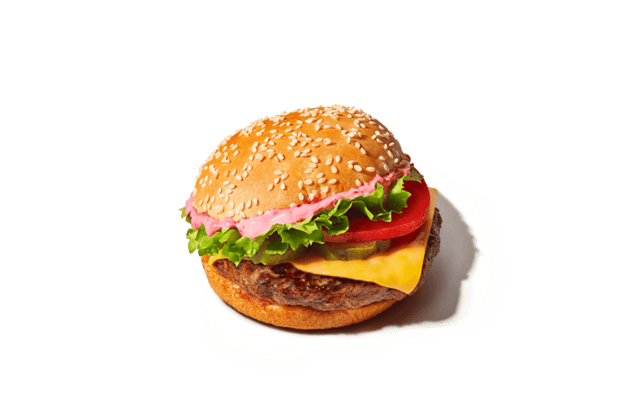 O suculento Burger do BK é feito com pão com gergelim, molho rosa sabor defumado, alface, tomate, picles, fatia de queijo sabor cheddar e hambúrguer blend gourmet 120g.