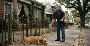 Depois de encontrar um cachorro esperando durante semanas diante da casa vazia de um vizinho que morreu, carteiro passa a parar cinco minutos todos os dias no mesmo portão, até conseguir que o animal atravesse a rua pela primeira vez e durma numa manta colocada dentro de sua garagem
