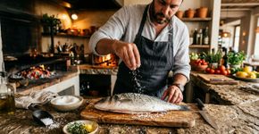 Cozinheiros portugueses e gregos concordam: “Temos que salgar o peixe pelo menos trinta minutos antes de levá-lo à grelha para que ele absorva o tempero e não grude na grade.”