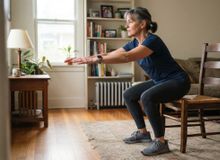 Featured side: Os treinadores concordam: “Aos 60 anos, em vez de caminhar por 20 minutos, é muito mais eficaz fazer exercícios como agachamentos na cadeira ou flexões na bancada da cozinha.”