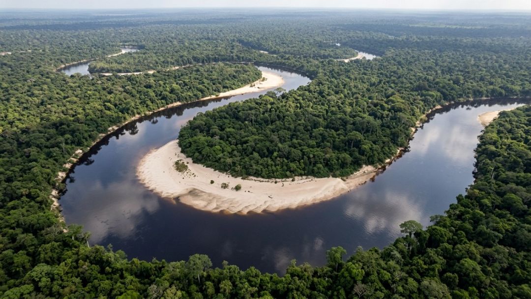 As águas escuras dos rios que serpenteiam a reserva sustentam uma fascinante riqueza aquática em harmonia natural.