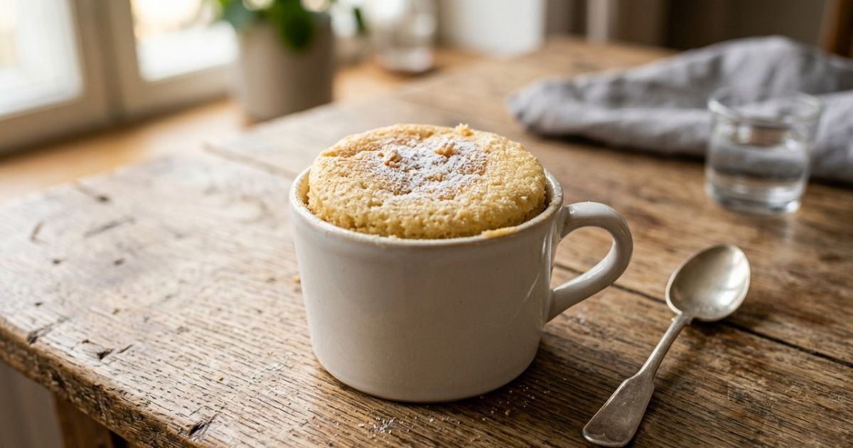 Sem forno e em menos de 1 minuto de cozimento: farinha, açúcar, óleo e baunilha viram um bolo de caneca macio feito diretamente no micro-ondas