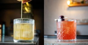 Foto: (Divulgação Assessoria de imprensa 2ª edição da Semana  da Coquetelaria / da esquerda para a direita: Dink \'Amor\' do Martin Bar, finalizado com calda de chocolate branco / Drink \'Ádrico\' da Casa Rios Restaurante, com azeitona preta)
