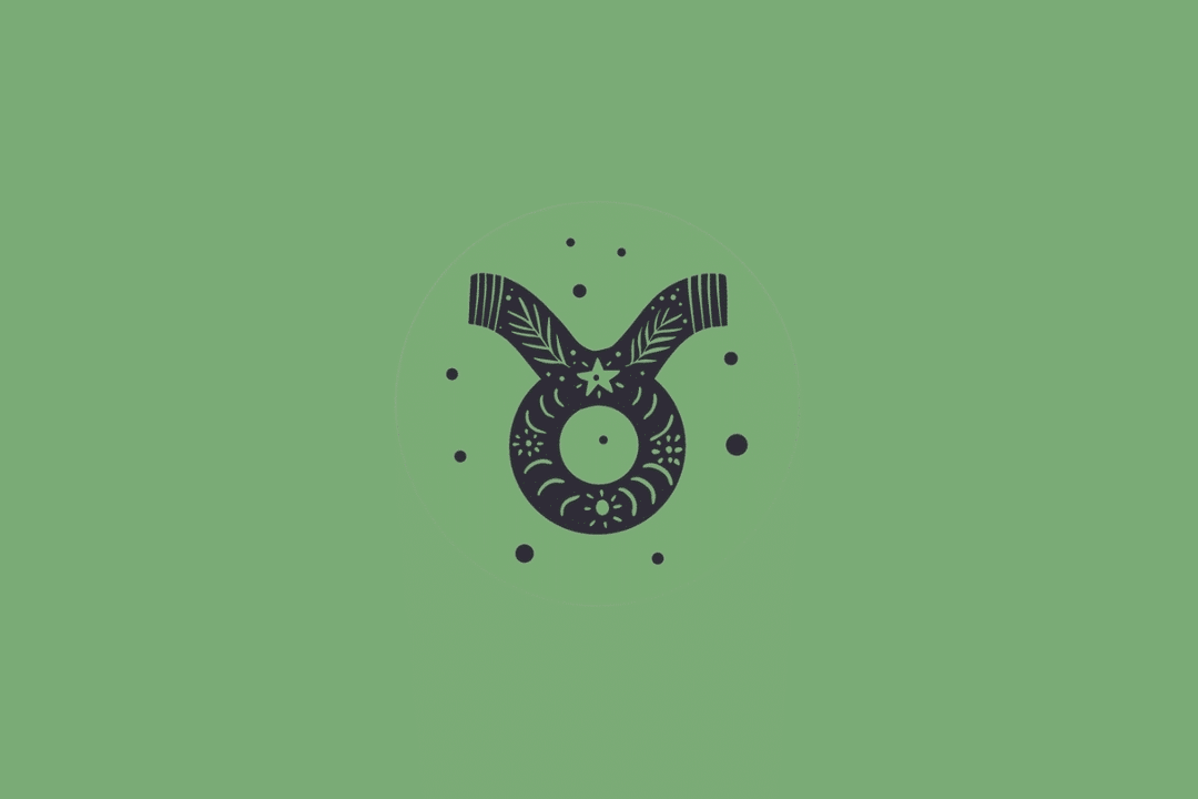 Símbolo do signo de Touro desenhado com detalhes botânicos e pequenos pontos escuros ao redor, centralizado em um círculo sobre fundo verde-médio.