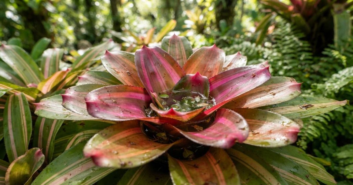 Bromélias e outras plantas podem esconder pequenas reservas de água entre as folhas mesmo quando o vaso parece completamente seco
