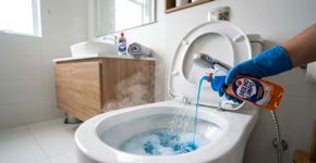 Despeje 4 colheres de detergente no vaso sanitário e, em seguida, despeje água quente por cima. O resultado é melhor do que com escova e produtos abrasivos
