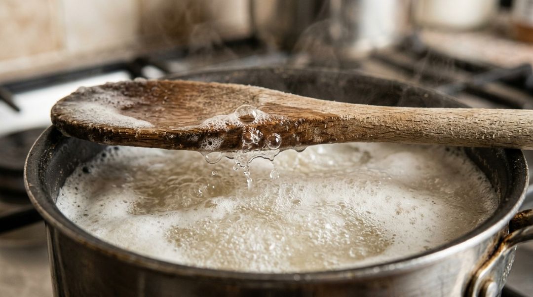 Use uma colher limpa, seca e comprida o suficiente para se apoiar nas duas bordas da panela.