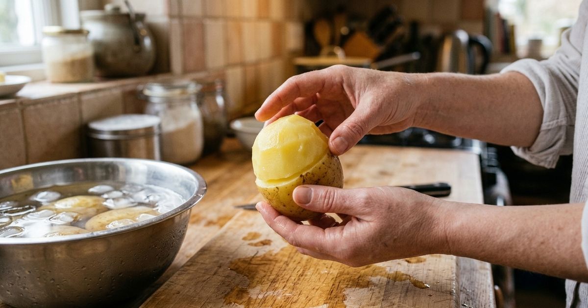 Antes de cozinhar a batata, faça um corte neste ponto, a casca sai inteira com muita facilidade