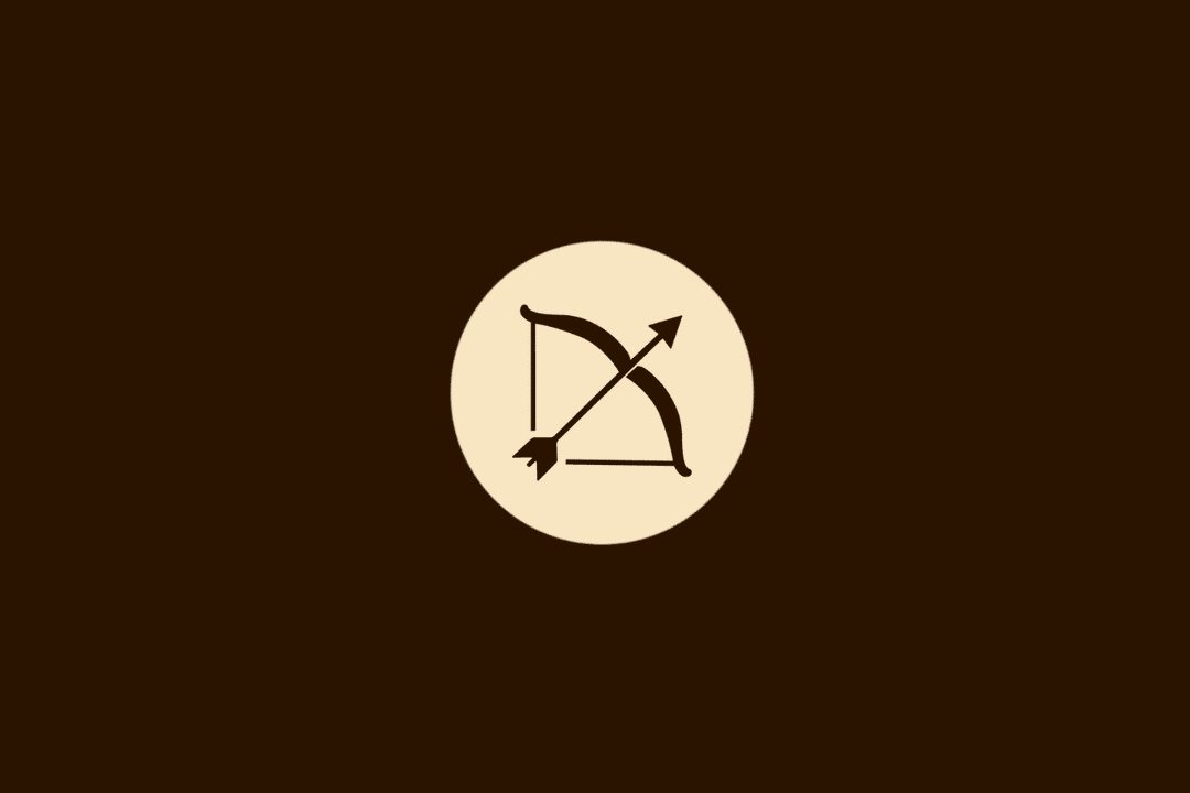 Ilustração vetorial do signo de Sagitário, representada por um arco armado com uma flecha apontada para a diagonal superior direita, centralizado em um círculo bege sobre fundo marrom.