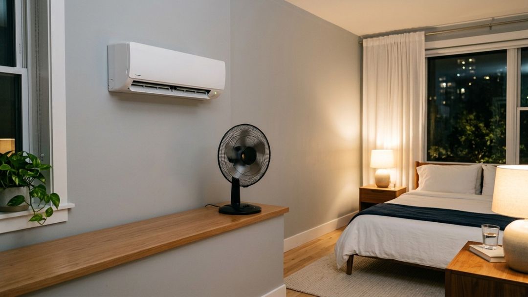 Combinar o uso do ar-condicionado com um ventilador ajuda a espalhar o frescor pelo quarto de forma mais eficiente.