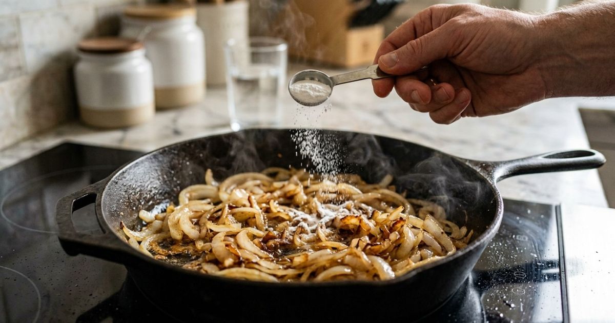 Uma pitada de bicarbonato muda completamente a cebola na frigideira: o ingrediente acelera o douramento e pode reduzir quase pela metade o tempo necessário para ganhar cor