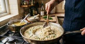 Os cozinheiros italianos concordam: “Para o risoto ficar perfeito, é preciso refogar o arroz assim e adicionar o caldo aos poucos até o ponto certo.”