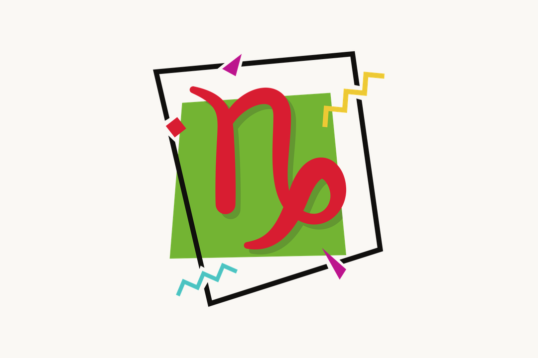 Ilustração do signo de Capricórnio, contendo o símbolo de uma linha ondulada terminando em uma cauda enrolada, lembrando um chifre de cabra-marinha, em vermelho, centralizado sobre um quadrado verde emoldurado em preto, com pequenos losangos e zigue-zagues coloridos ao redor, em fundo claro.