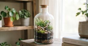 Uma garrafa de vidro pode virar um pequeno terrário para decorar a casa