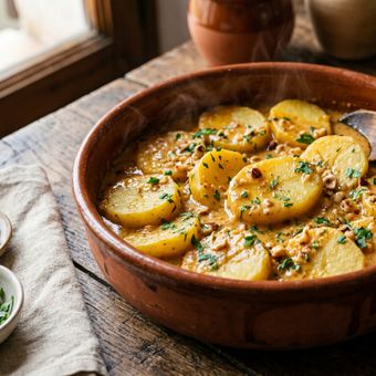Featured mobile: As melhores batatas não são fritas nem assadas: são preparadas com 8 dentes de alho, caldo de galinha e avelãs