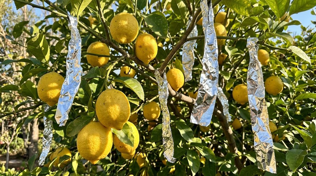 Os reflexos luminosos gerados pelo papel alumínio desorientam as aves no pomar.