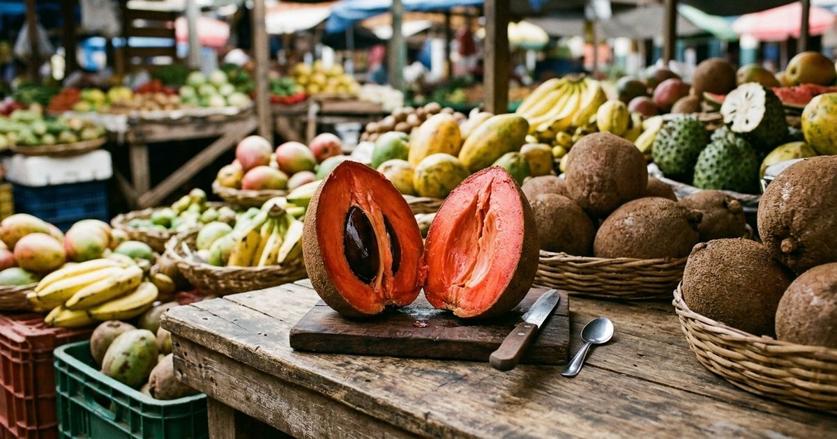 A fruta tropical com polpa carmesim que parece uma sobremesa natural