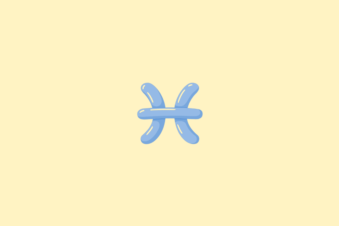 Ilustração do símbolo do signo de Peixes, formado por duas curvas voltadas para lados opostos e atravessadas por uma linha horizontal, em tom azul-claro, sobre um fundo amarelo-claro.