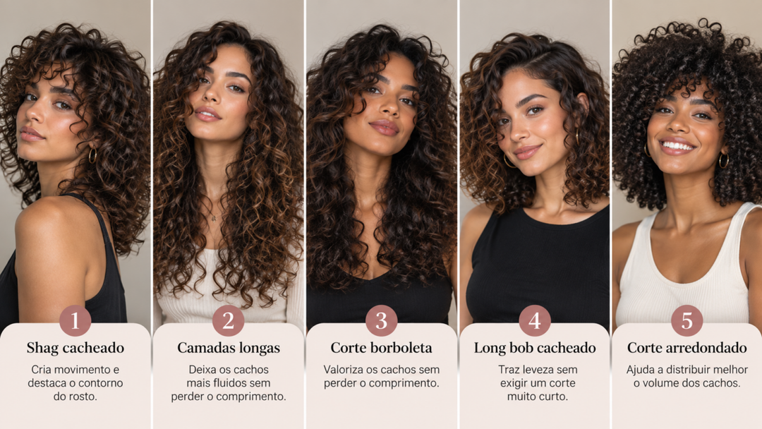 Qual corte valoriza cabelos cacheados sem pesar? Conheça 5 estilos com camadas e entenda como formato do rosto, curvatura e encolhimento influenciam o resultado.
