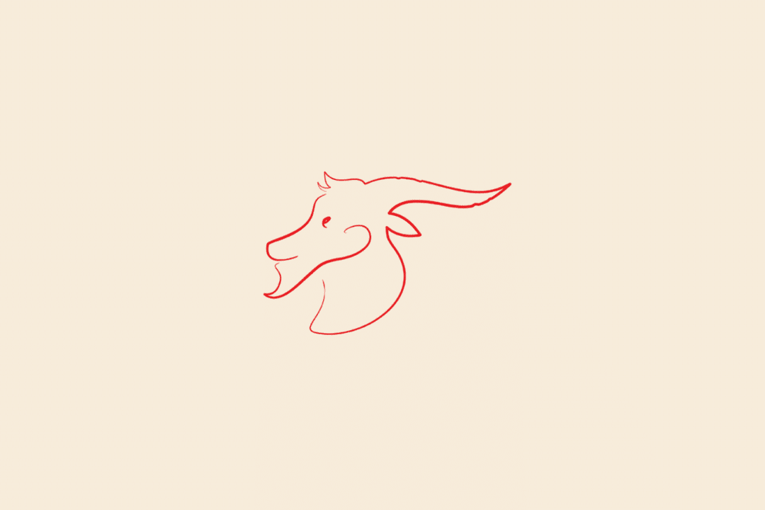 Ilustração minimalista de uma cabeça de cabra com chifres alongados, em vermelho, representando o signo de Capricórnio sobre fundo bege.