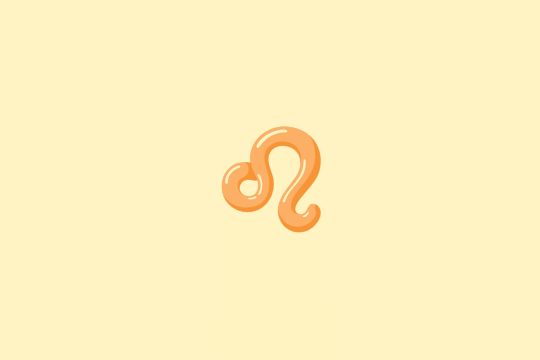 Ilustração do símbolo do signo de Leão, representado por uma forma curva e arredondada semelhante à juba ou à cauda do animal, em tom laranja, sobre um fundo amarelo-claro.