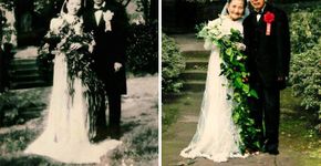 Casal recria fotos do álbum de casamento para celebrar 70 anos de união