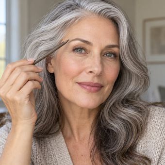 Featured mobile: Maquiadoras concordam: “o melhor lápis de sobrancelhas para mulheres que fizeram a transição de grisalhas é um tom um ou dois pontos mais claro que o cabelo, especialmente em rostos maduros.”