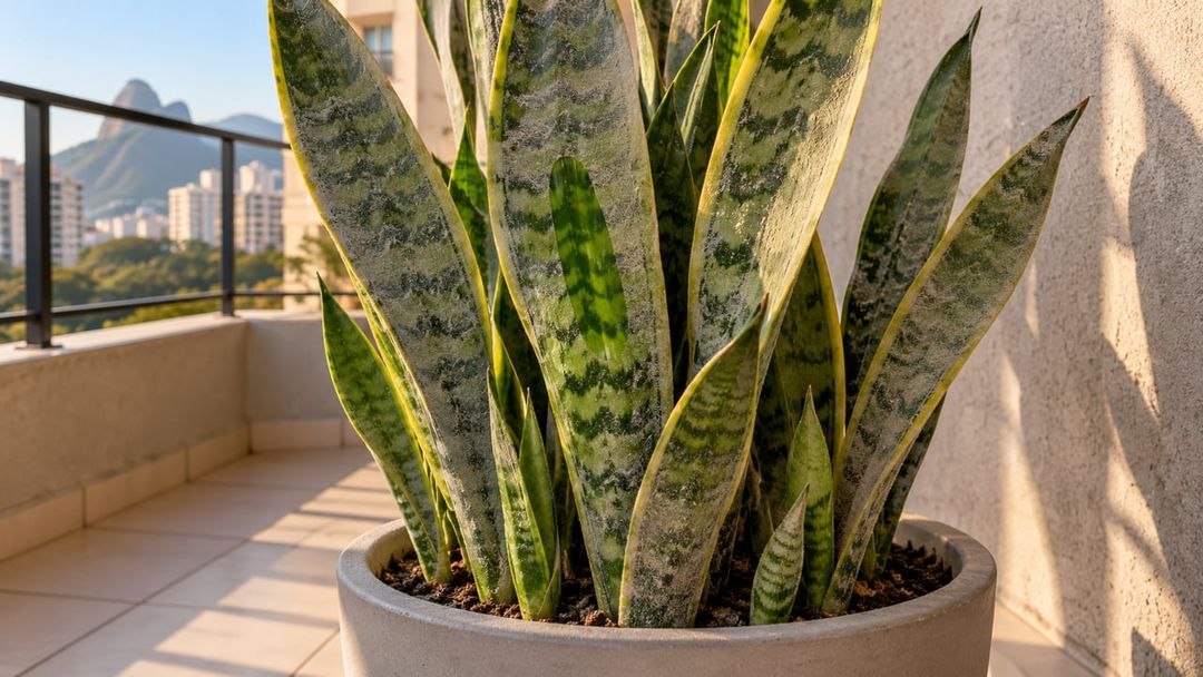 A poeira acumulada nas folhas da sansevieria reduz a luz que chega à planta e atrasa a fotossíntese – Imagem ilustrativa criada por inteligência artificial