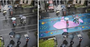 Água da chuva faz surgir desenhos nas ruas