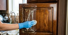 Eu molho um pano na solução e limpo os armários da cozinha. O resíduo de gordura desaparece imediatamente