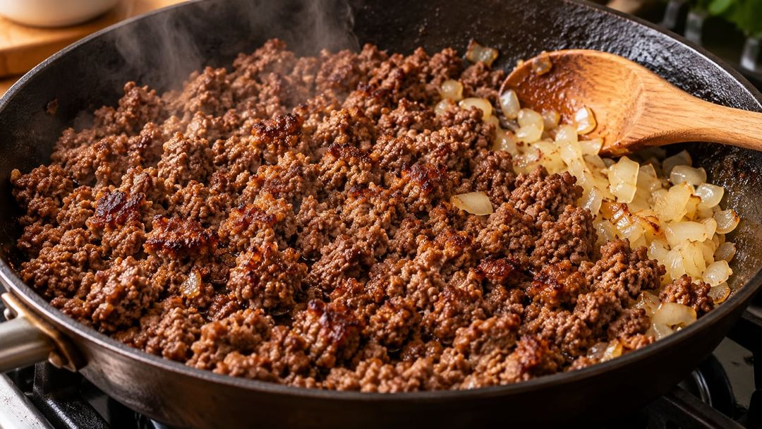 Dourar a carne sem mexer logo no início cria pontos caramelizados e intensifica o sabor – Imagem ilustrativa criada por inteligência artificial