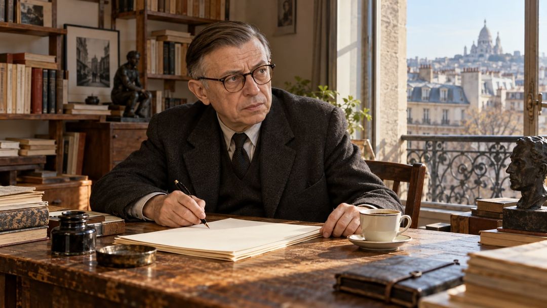 A frase atribuída a Sartre desloca a felicidade da espera por conquistas para o sentido vivido no presente – Imagem ilustrativa criada por inteligência artificial
