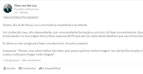 Presidente de multinacional denuncia caso de racismo no LinkedIn