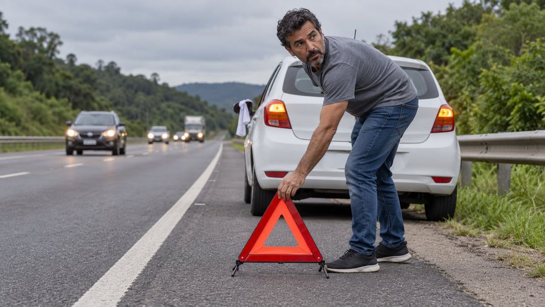 Motorista posiciona o triângulo de sinalização atrás do carro, com o pisca-alerta ligado e um pano branco no retrovisor – Imagem ilustrativa criada por inteligência artificial