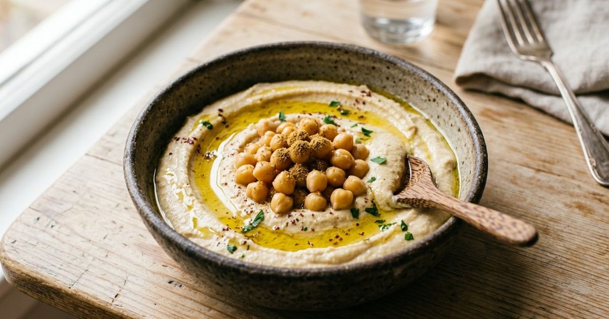 Grão-de-bico triturado com temperos e azeite: a mistura transforma uma leguminosa comum em uma pasta cremosa rica em fibras e uma alternativa prática para acompanhar pães e torradas